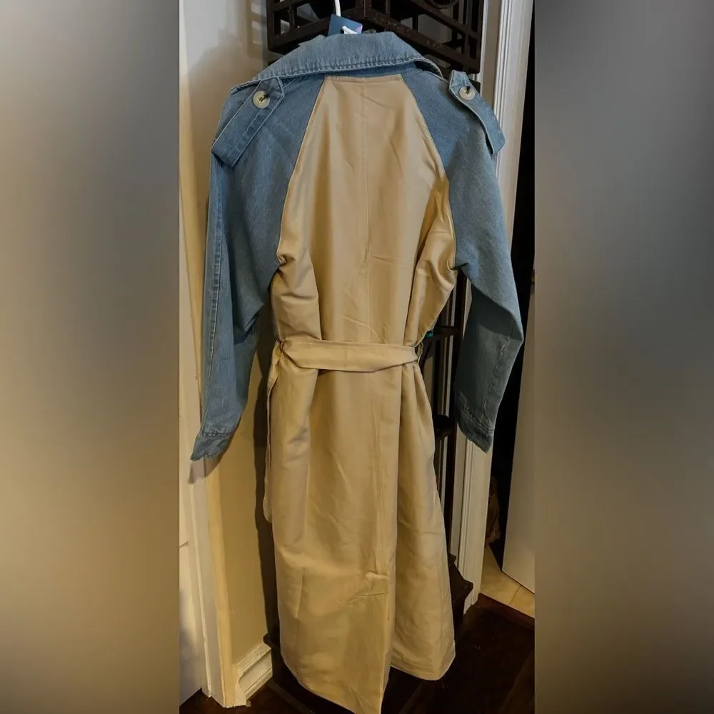 032. Trench Coat Jacket beige with denim sleeve - Picture 10 of 11